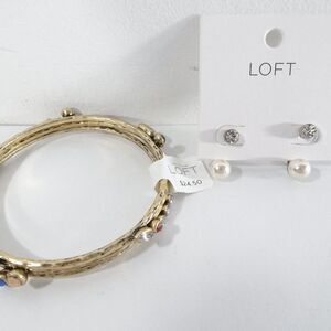Ann taylor Loft Hammered Gemstone Bracelet Pearl Earrings NWT 50